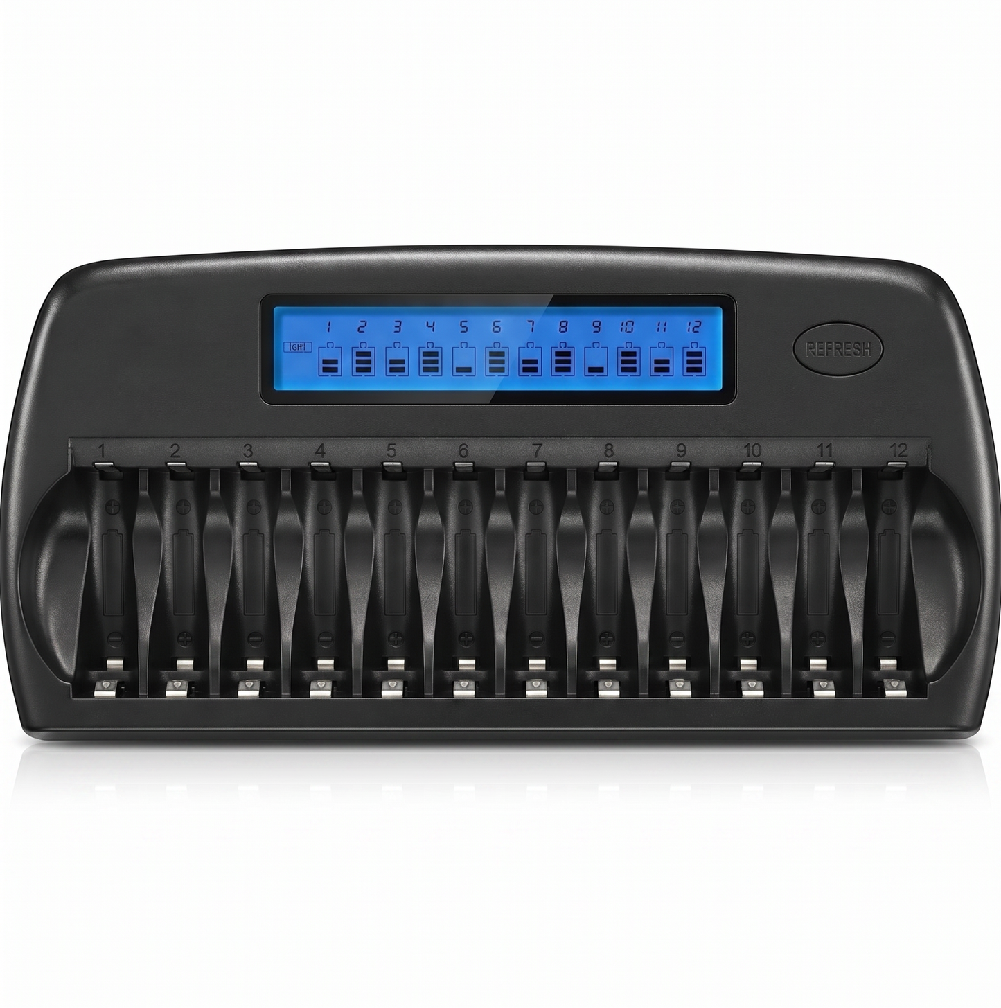 12-Slot Ladegerät für AA & AAA Akkus – LCD, Einzelschacht & Refresh