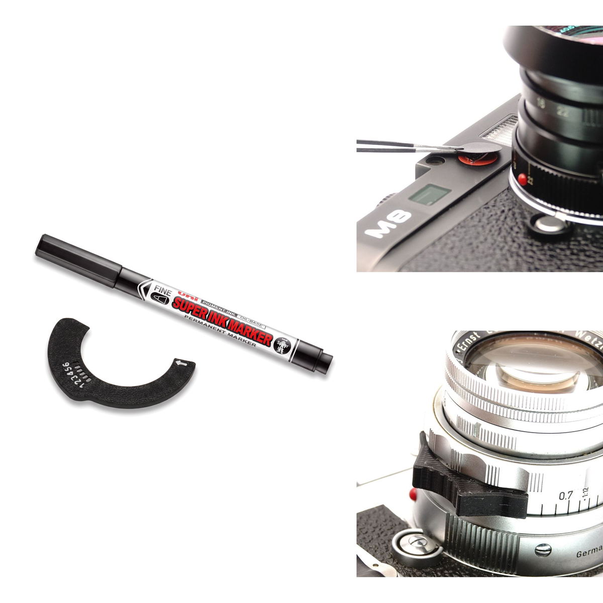 6-Bit Encoder Kit komplett: Schablone, uni Super Ink Marker PNA-125, Rotpunkt-Abdeckung an einer Leica M8 und Quick Focus Tab am Objektiv