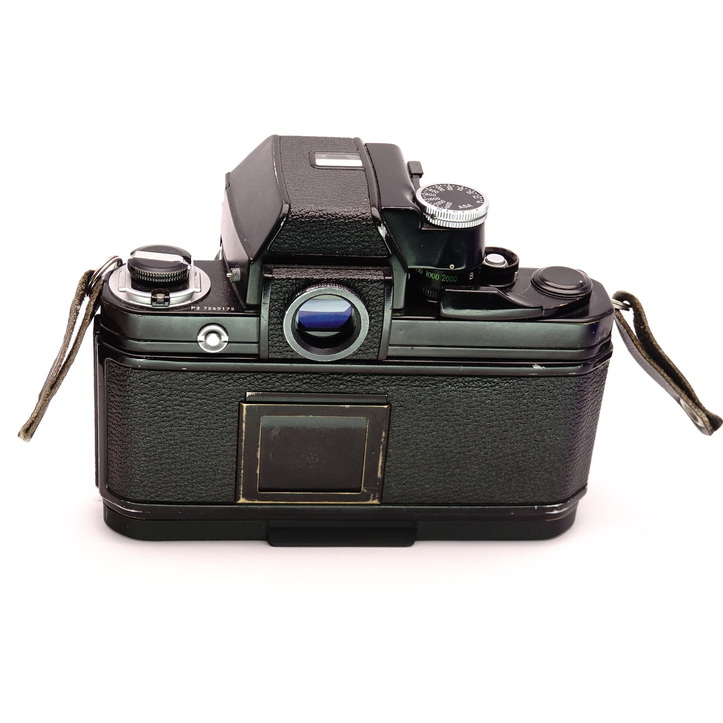 Rückseite einer schwarzen Nikon F2 Kamera mit montiertem Handgriff