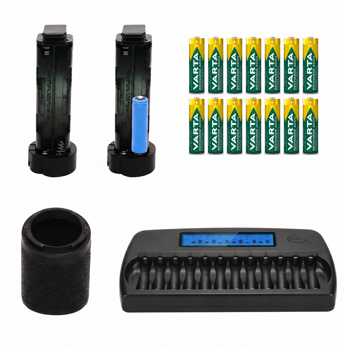 Set für Metz 76, 70 und 50 MZ: Batteriekorb, Varta AA Akkus und Ladegerät