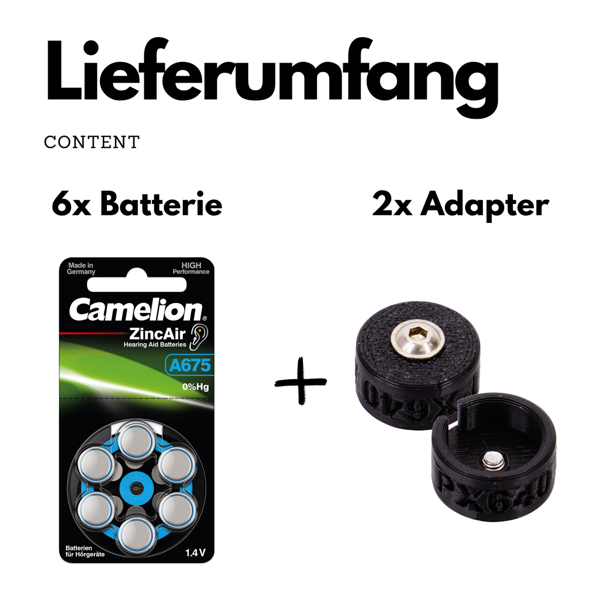 Übersicht zum Lieferumfang mit sechs Camelion A675 Zink-Air-Batterien und zwei Adaptern