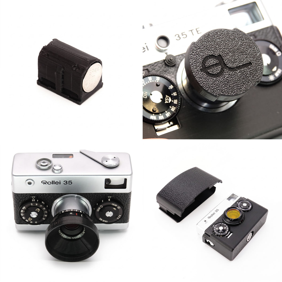 Startpaket für Rollei 35TE: PX27 Batterieadapter mit SR44-Zellen, Objektivdeckel für Tessar, Gegenlichtblende 24 mm und zweiteilige Schutzhülle