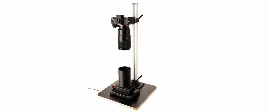 Copy Stand mit Digitalkamera und Makro über Lichtquelle und Filmhalter, aufgebaut zum Abfotografieren von Negativen