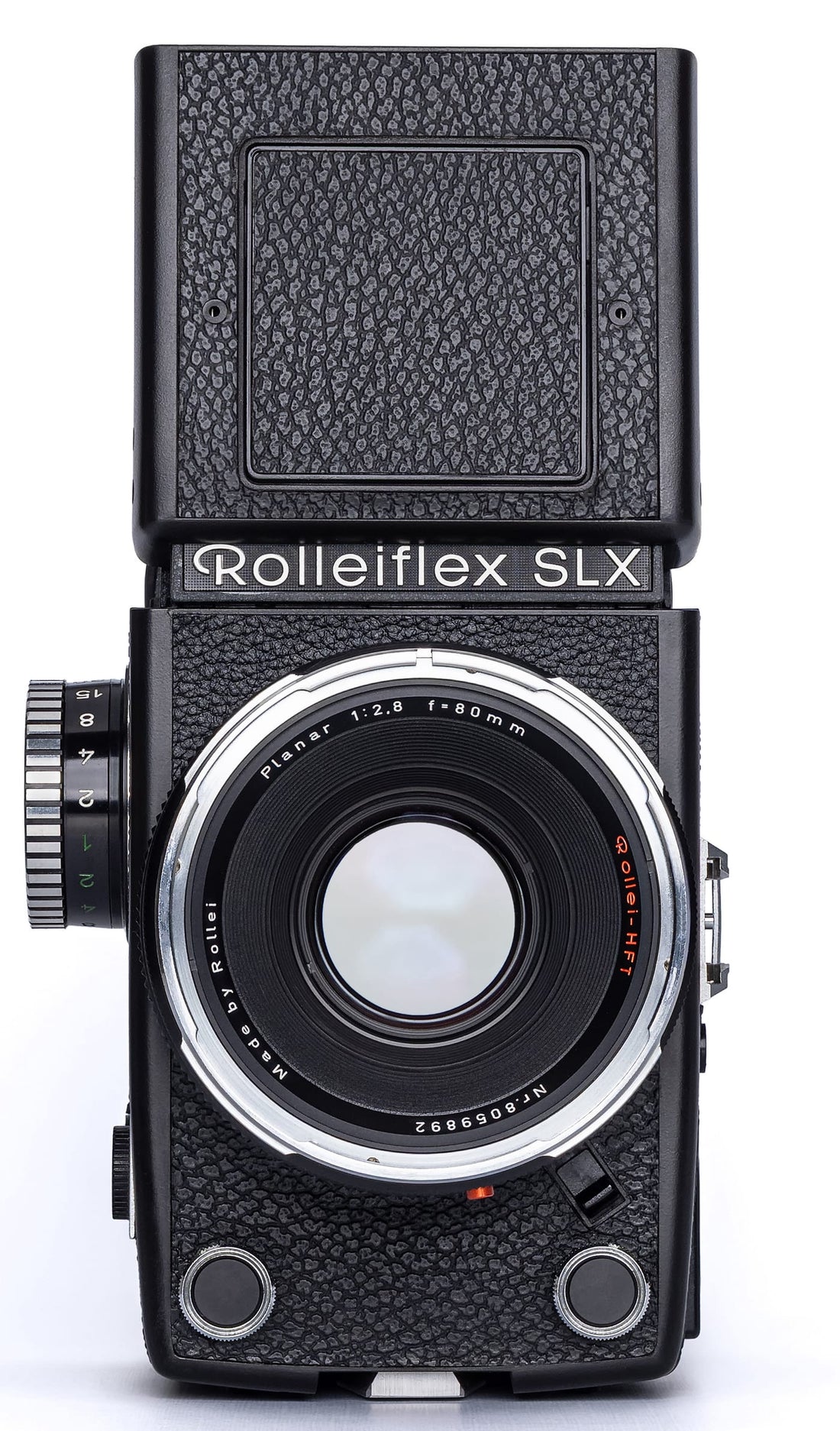 Rolleiflex SLX von vorne mit dem Modellschriftzug unter dem Lichtschacht
