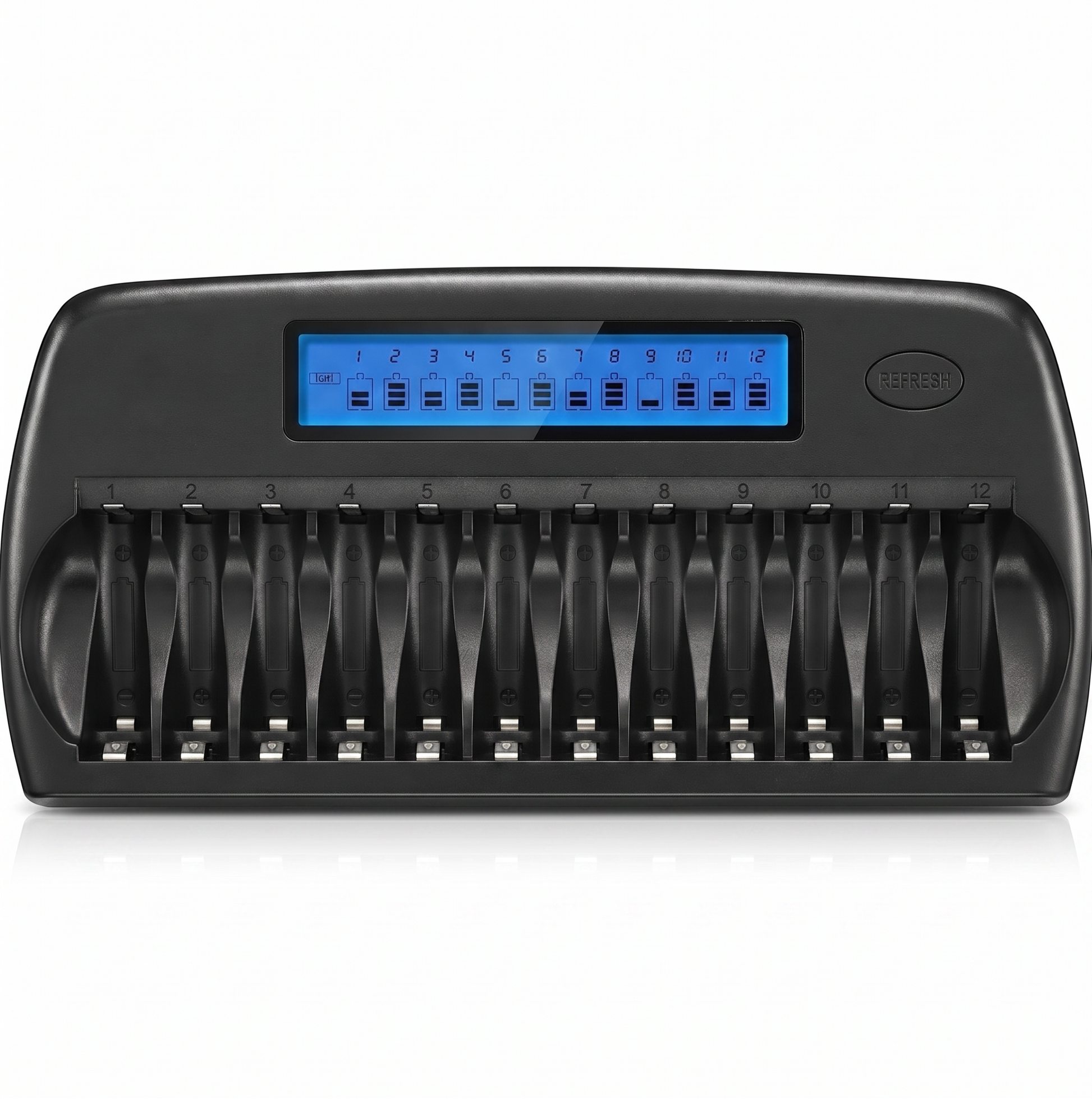 12-Slot Ladegerät für AA & AAA Akkus – LCD, Einzelschacht & Refresh