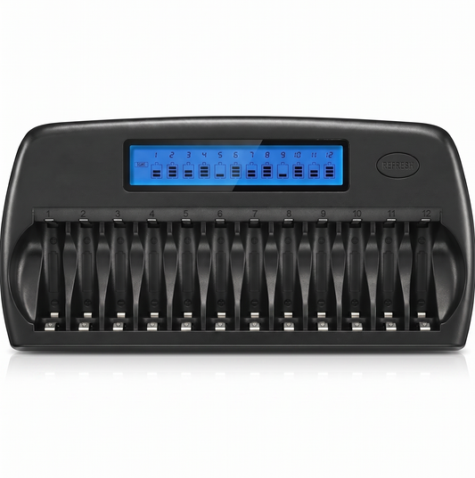 12-Slot Ladegerät für AA & AAA Akkus – LCD, Einzelschacht & Refresh