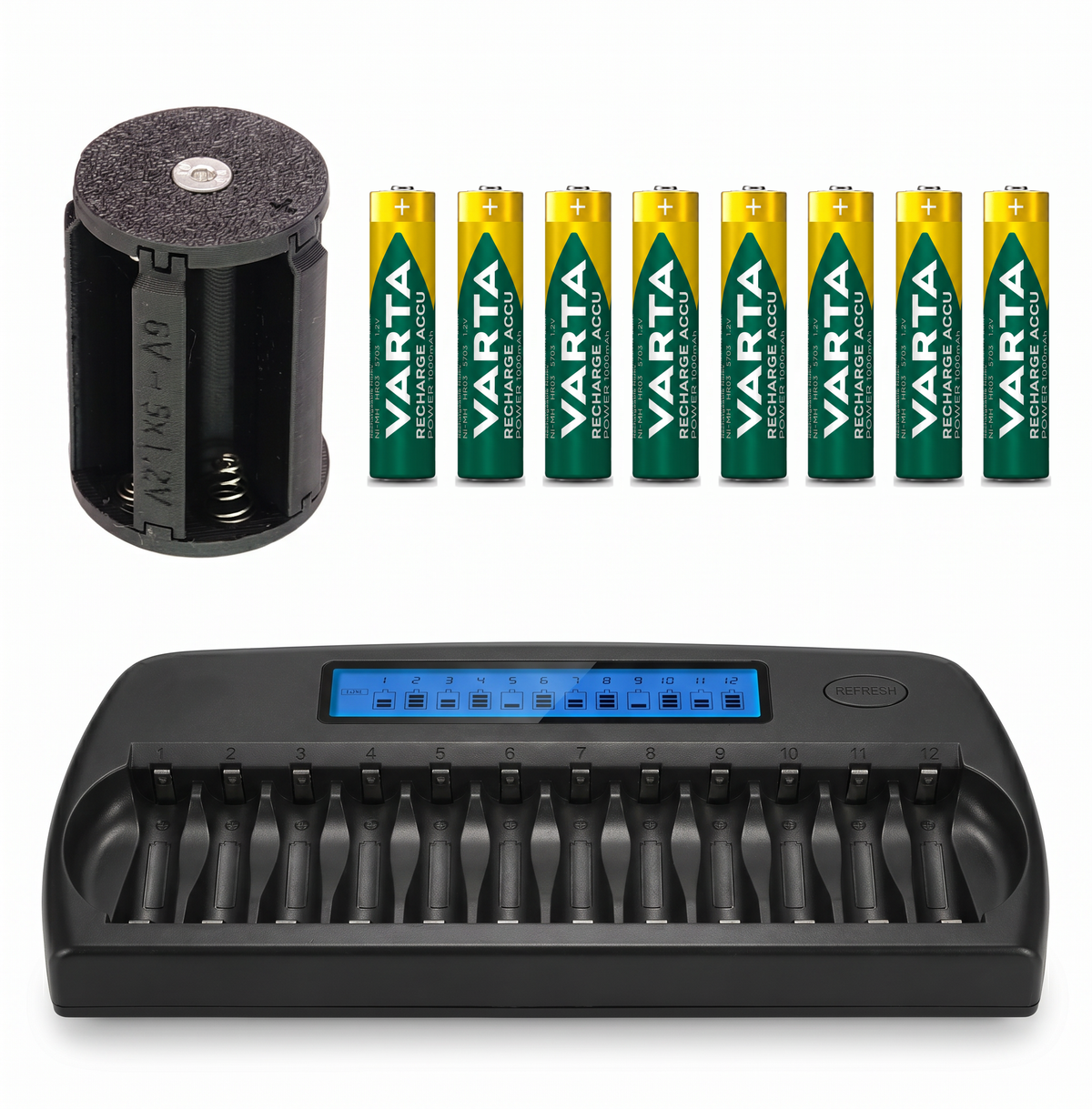 Komplettpaket für Hasselblad 500 EL: Batterieadapter, zehn Varta AAA Akkus, Aufbewahrungsboxen und Ladegerät