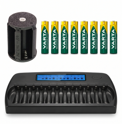Komplettpaket für Hasselblad 500 EL: Batterieadapter, zehn Varta AAA Akkus, Aufbewahrungsboxen und Ladegerät