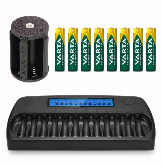 Komplettpaket für Hasselblad 500 EL: Batterieadapter, zehn Varta AAA Akkus, Aufbewahrungsboxen und Ladegerät