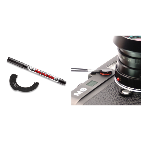 6-Bit Encoder Kit als Set: Schablone, uni Super Ink Marker PNA-125 und Rotpunkt-Abdeckung an einer Leica M8