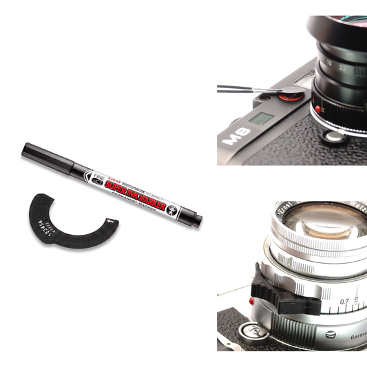 6-Bit Encoder Kit komplett: Schablone, uni Super Ink Marker PNA-125, Rotpunkt-Abdeckung an einer Leica M8 und Quick Focus Tab am Objektiv