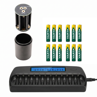 Batterieadapter für Beaulieu 3008 S und 5008 S mit zwölf Varta AAA Akkus und einem Ladegerät