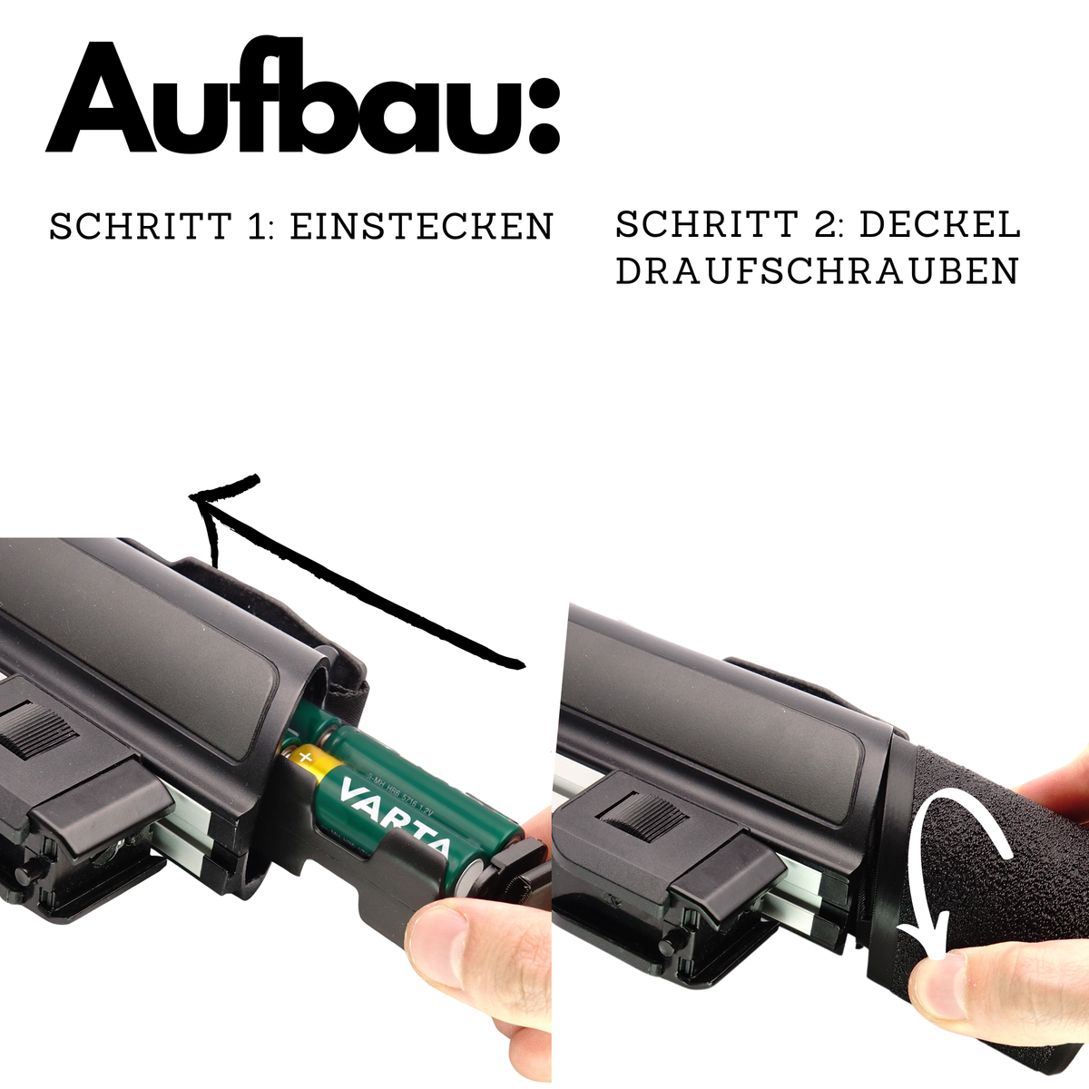 Anleitung mit zwei Schritten für den Batteriehalter mit eingelegten Batterien und dem Aufschrauben des Deckels