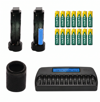 Set für Metz 76, 70 und 50 MZ: Batteriekorb, Varta AA Akkus und Ladegerät