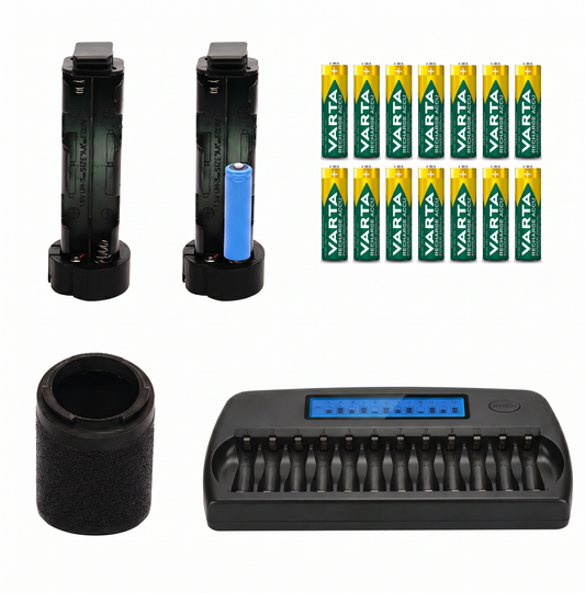 Set für Metz 76, 70 und 50 MZ: Batteriekorb, Varta AA Akkus und Ladegerät