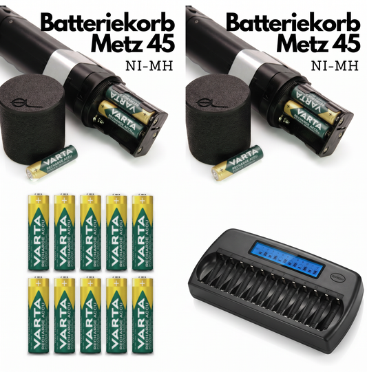 Komplett-Set für Metz 45: zwei Batteriekörbe, zwölf Varta AA Akkus und Ladegerät mit 12 Schächten