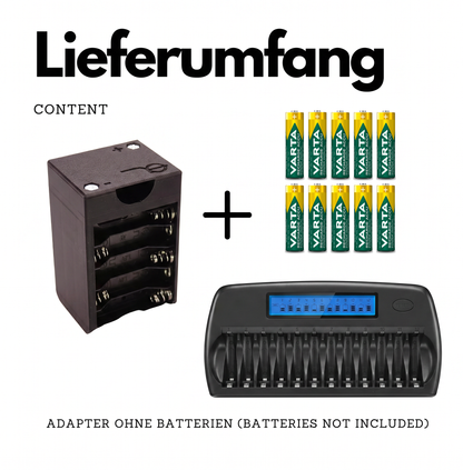 Premium-Set für Metz Mecablitz 60 CT: Batteriekorb, zehn Varta AA Akkus und Ladegerät mit 12 Schächten