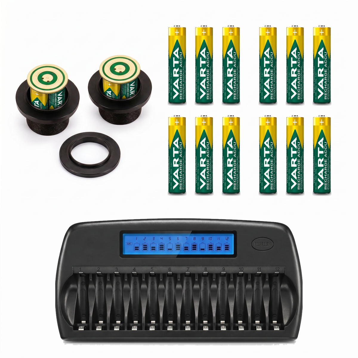 Pro Set für Beaulieu S2008: zwei Adapter mit eingesetzten Zellen, zwölf Varta AA Akkus und ein Ladegerät mit LCD-Display