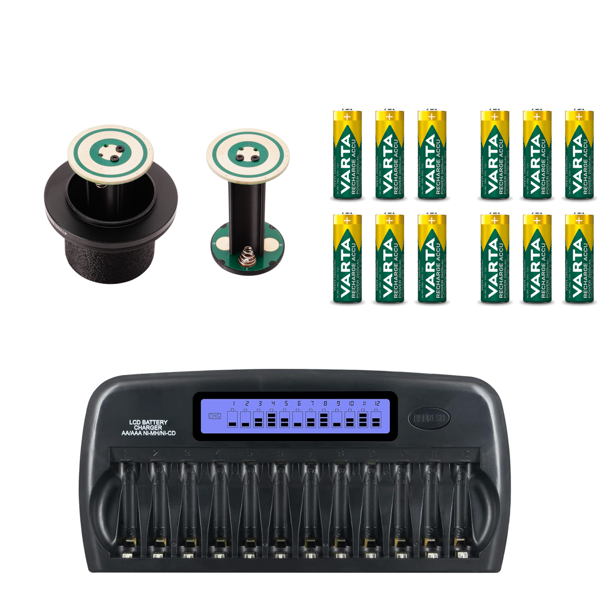 Batterieadapter für Beaulieu S2008 mit zwölf Varta AA Akkus und Ladegerät