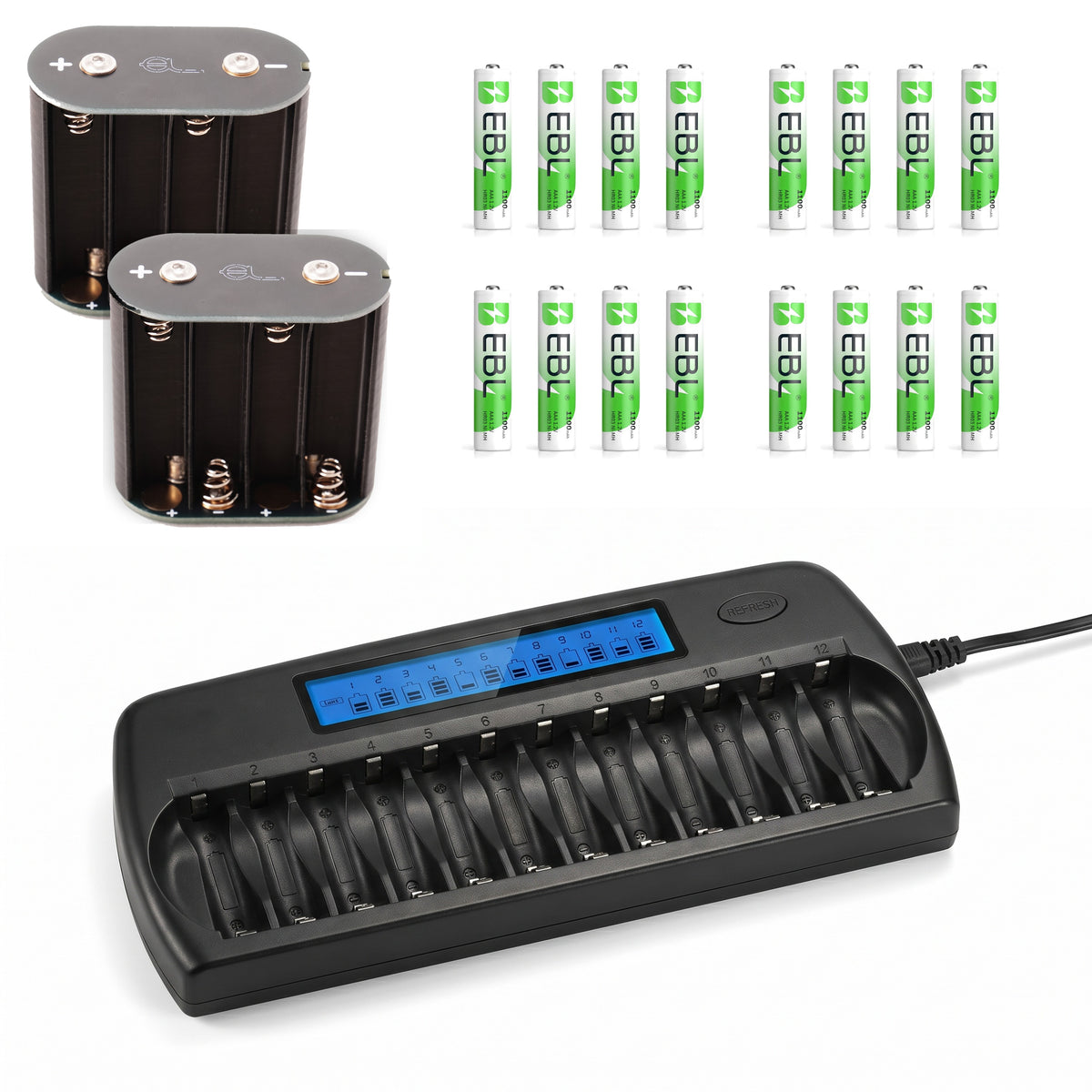 Komplettset für Canon Scoopic 16 und 16S: zwei Batterieadapter, 16 AAA-Akkus EBL 1100 mAh und 12-Slot-Ladegerät