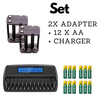 Pro Set: 2x Batterieadapter, 12x Varta AA NiMH-Akkus und 12-fach Ladegerät für Beaulieu 6008, 7008, 9008