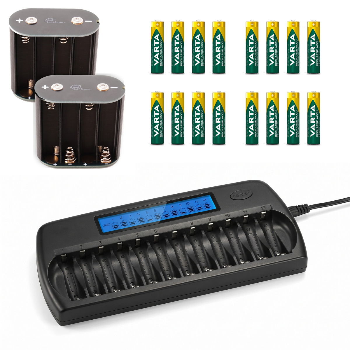 Komplettset für Canon Scoopic 16 und 16S: zwei Batterieadapter, 16 Varta AAA Akkus 1000 mAh und 12-Slot-Ladegerät