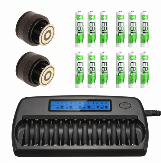 Zwei Adapter, zwölf grüne Akkus und ein schwarzes Ladegerät für Beaulieu Kameras