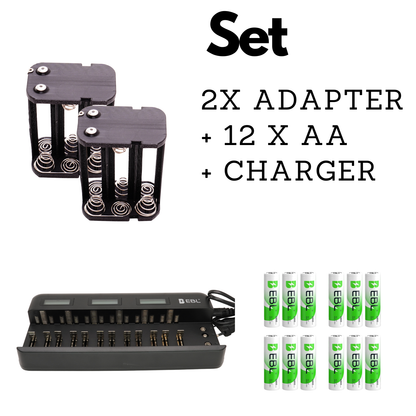 Pro Set: 2x Batterieadapter, 12x AA NiMH-Akkus und 12-fach Ladegeraet fuer Beaulieu 6008, 7008, 9008