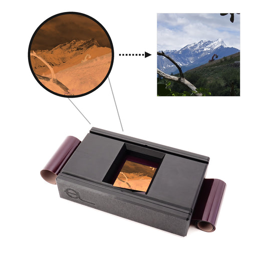 Film Scanner Set für 120: Negativ im Filmhalter, vergrößert, und das digitalisierte Foto