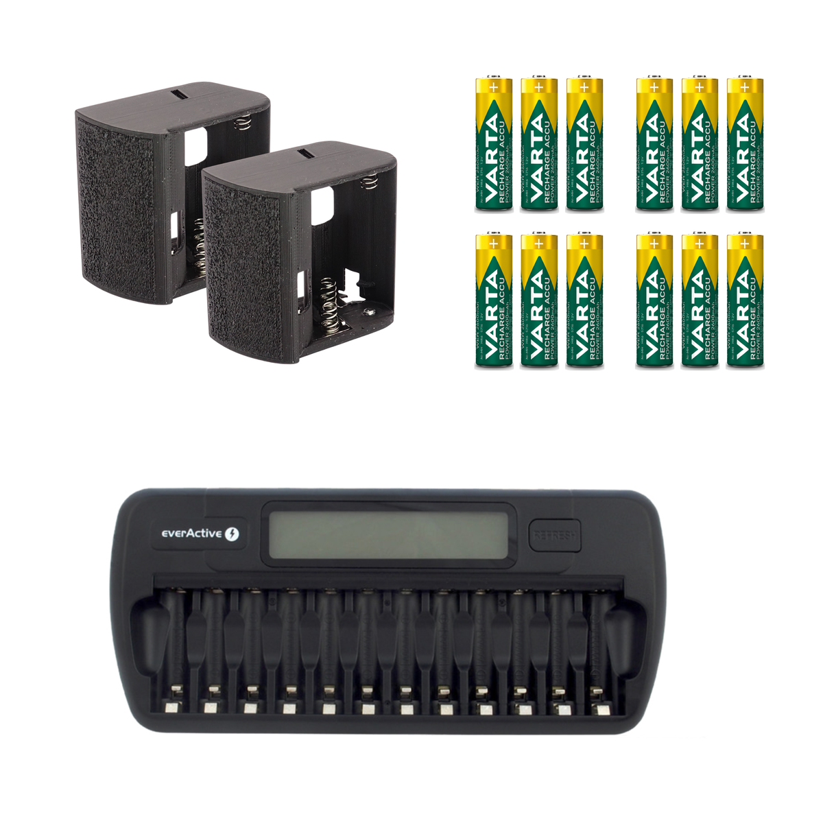 Zwei schwarze Batteriehalter für Pentax 645 mit zwölf Varta Akkus und einem Ladegerät mit 12 Schächten