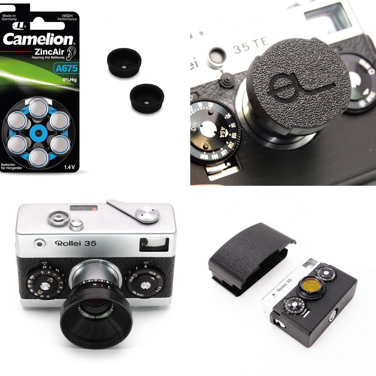 Startpaket für Rollei 35 und 35T: PX625 Batterieadapter mit Zink-Luft-Zellen, Objektivdeckel für Tessar, Gegenlichtblende 24 mm und zweiteilige Schutzhülle