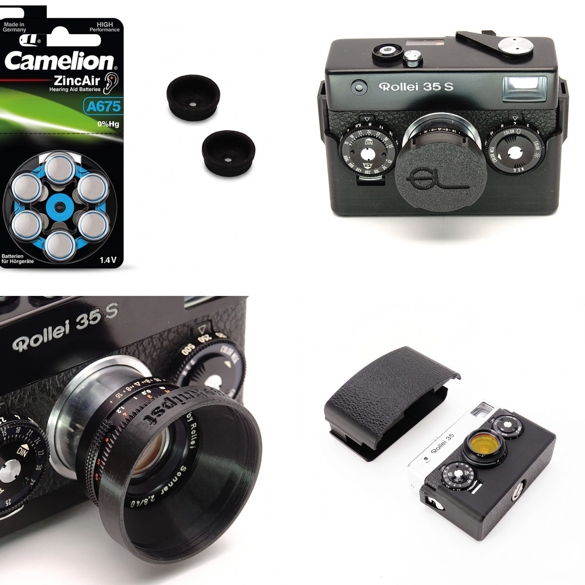 Startpaket für Rollei 35S: PX625 Batterieadapter mit Zink-Luft-Zellen, Objektivdeckel für Sonnar, Gegenlichtblende 30,5 mm und zweiteilige Schutzhülle