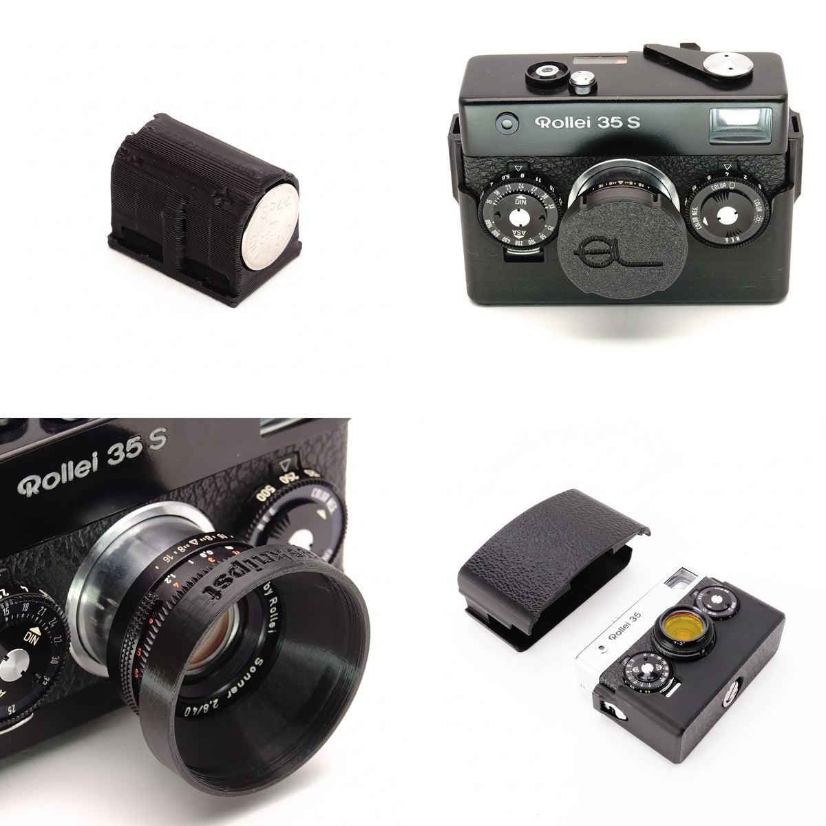 Startpaket für Rollei 35SE: PX27 Batterieadapter mit SR44-Zellen, Objektivdeckel für Sonnar, Gegenlichtblende 30,5 mm und zweiteilige Schutzhülle