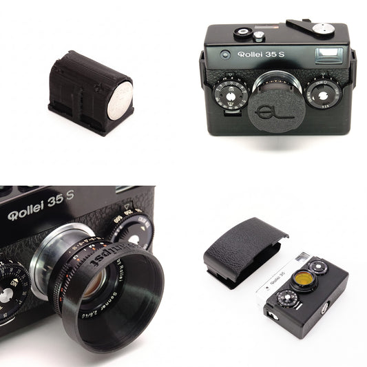 Startpaket für Rollei 35SE: PX27 Batterieadapter mit SR44-Zellen, Objektivdeckel für Sonnar, Gegenlichtblende 30,5 mm und zweiteilige Schutzhülle