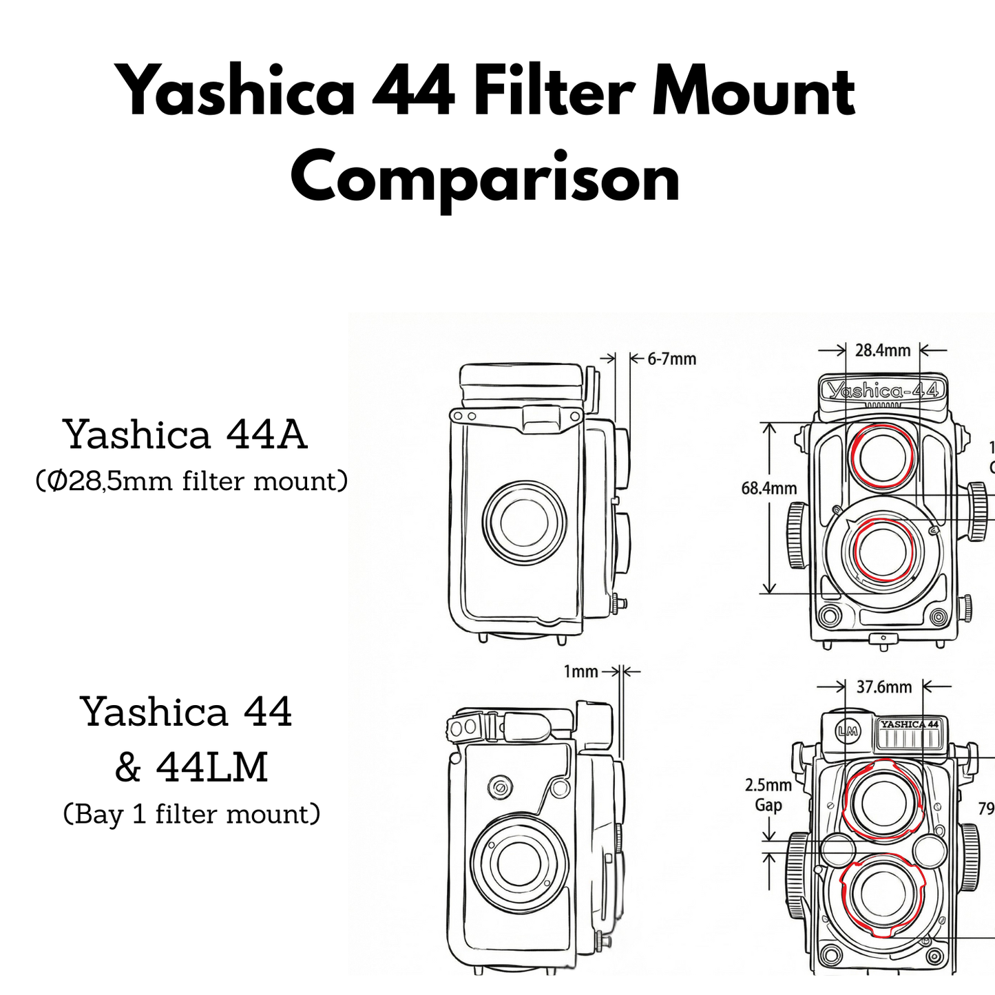 Lens hood & cap for Yashica 44, 44LM, 44A (Bay 1 / 28.5mm)